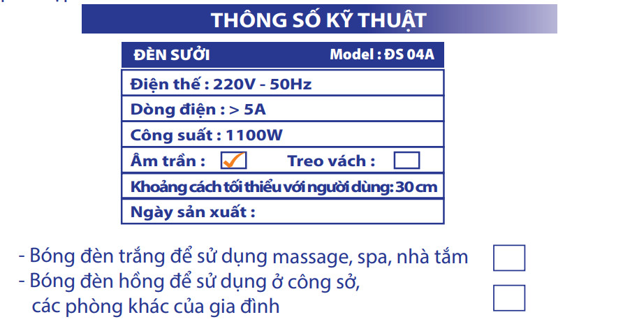 thông số kỹ thuật đèn sưởi 4 bóng